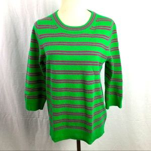 J Crew 100% Italian Cashmere Striped 3/4 Sleeve Crew Neck Sweater Sz M